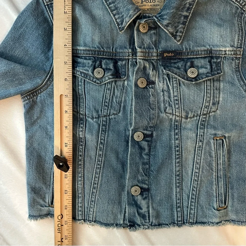 Polo Ralph Lauren Denim Trucker Jacket Y2K Youth Sz 10 Cropped Raw Hem Spell Out
